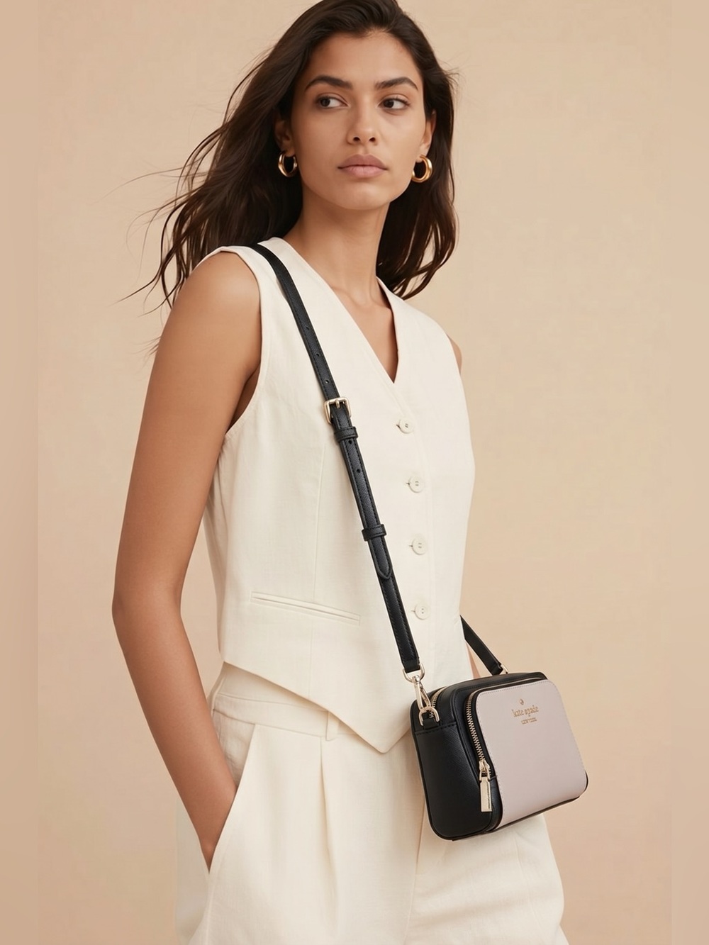 Kate Spade Staci Crossbody in Warm Beige and Black Two Zippers